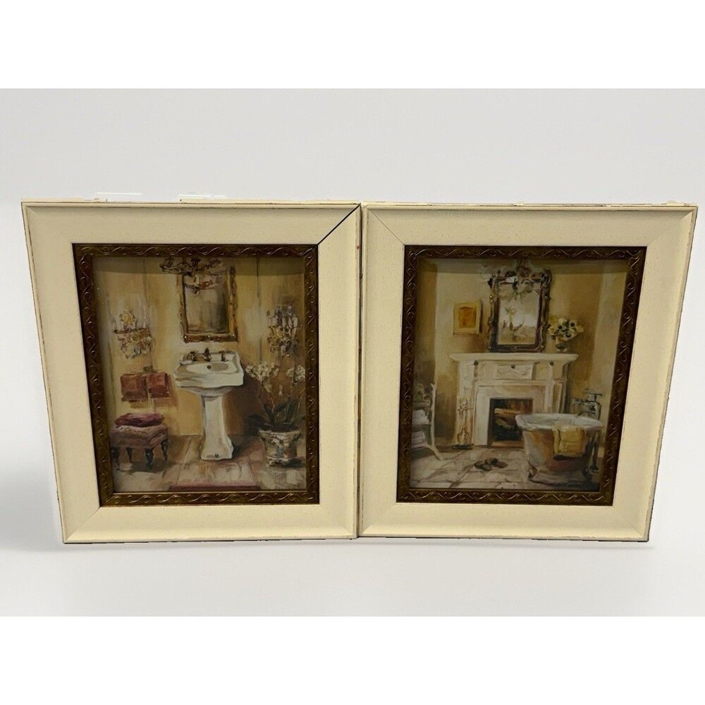 Pair Framed Bathroom Wall Art Prints Pedestal Sink Bathtub Cream Gold Decor